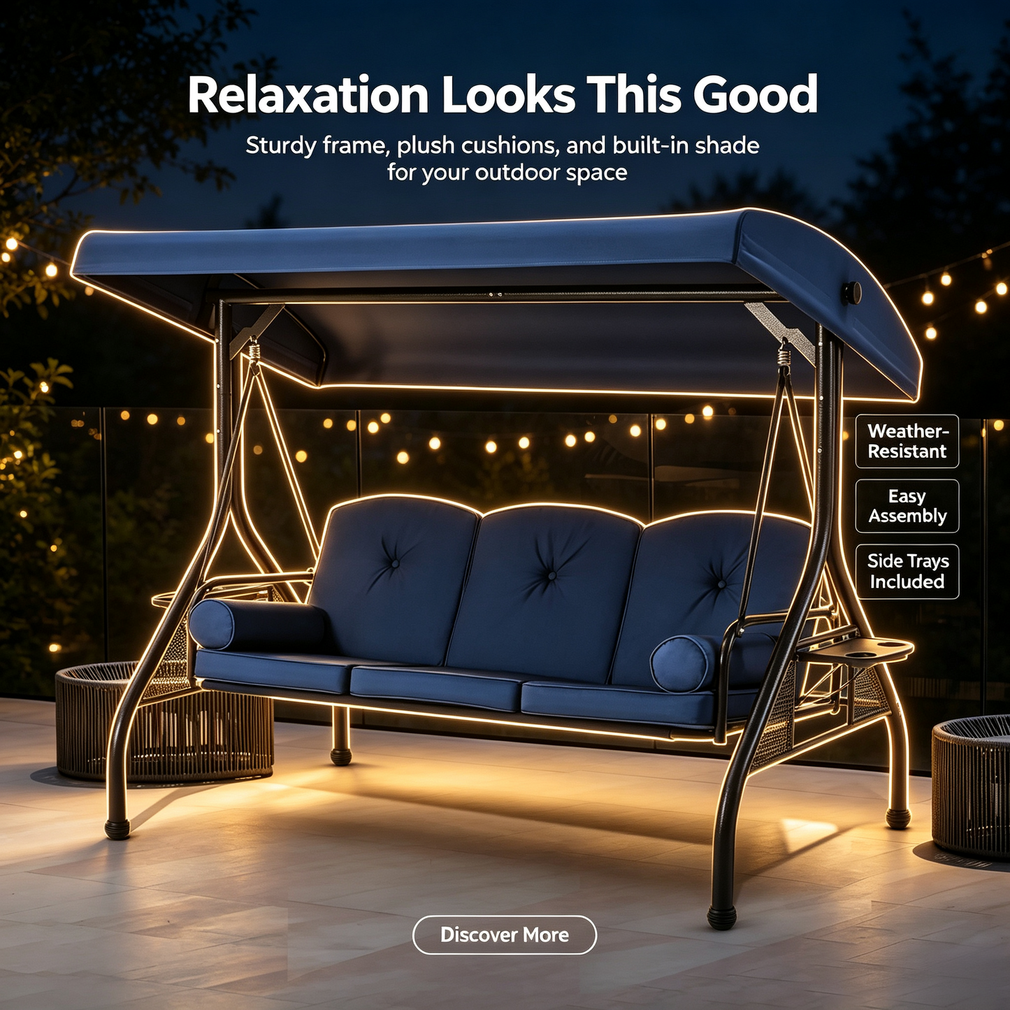 3-Seater Deluxe Outdoor Patio Swing with Adjustable Canopy & Cushioned Seat
