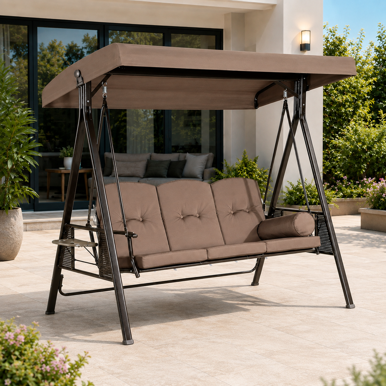 3-Seater Deluxe Outdoor Patio Swing with Adjustable Canopy & Cushioned Seat