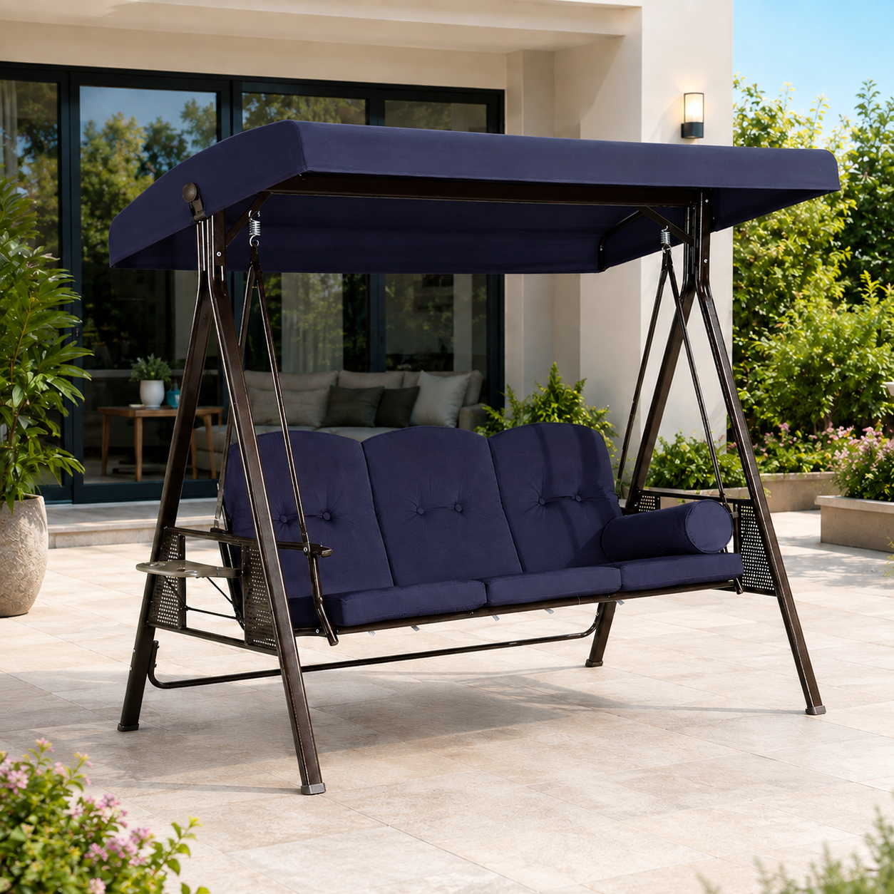 3-Seater Deluxe Outdoor Patio Swing with Adjustable Canopy & Cushioned Seat