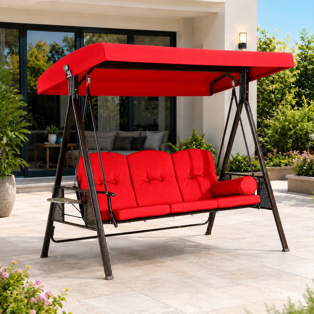3-Seater Deluxe Outdoor Patio Swing with Adjustable Canopy & Cushioned Seat