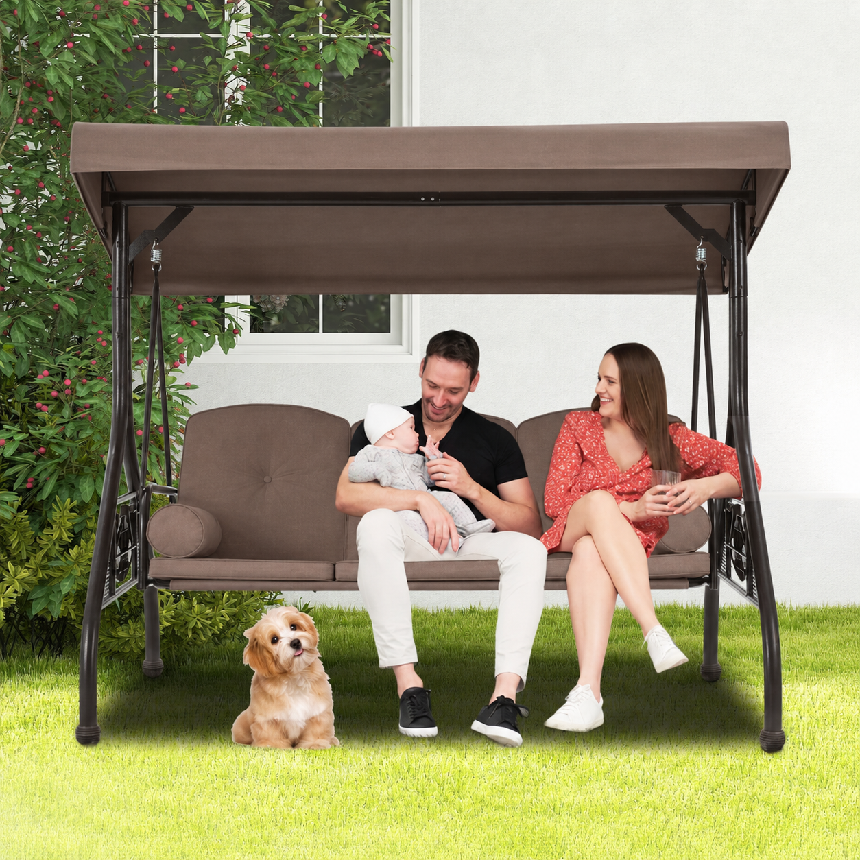 3-Seater Deluxe Outdoor Patio Swing with Adjustable Canopy & Cushioned Seat