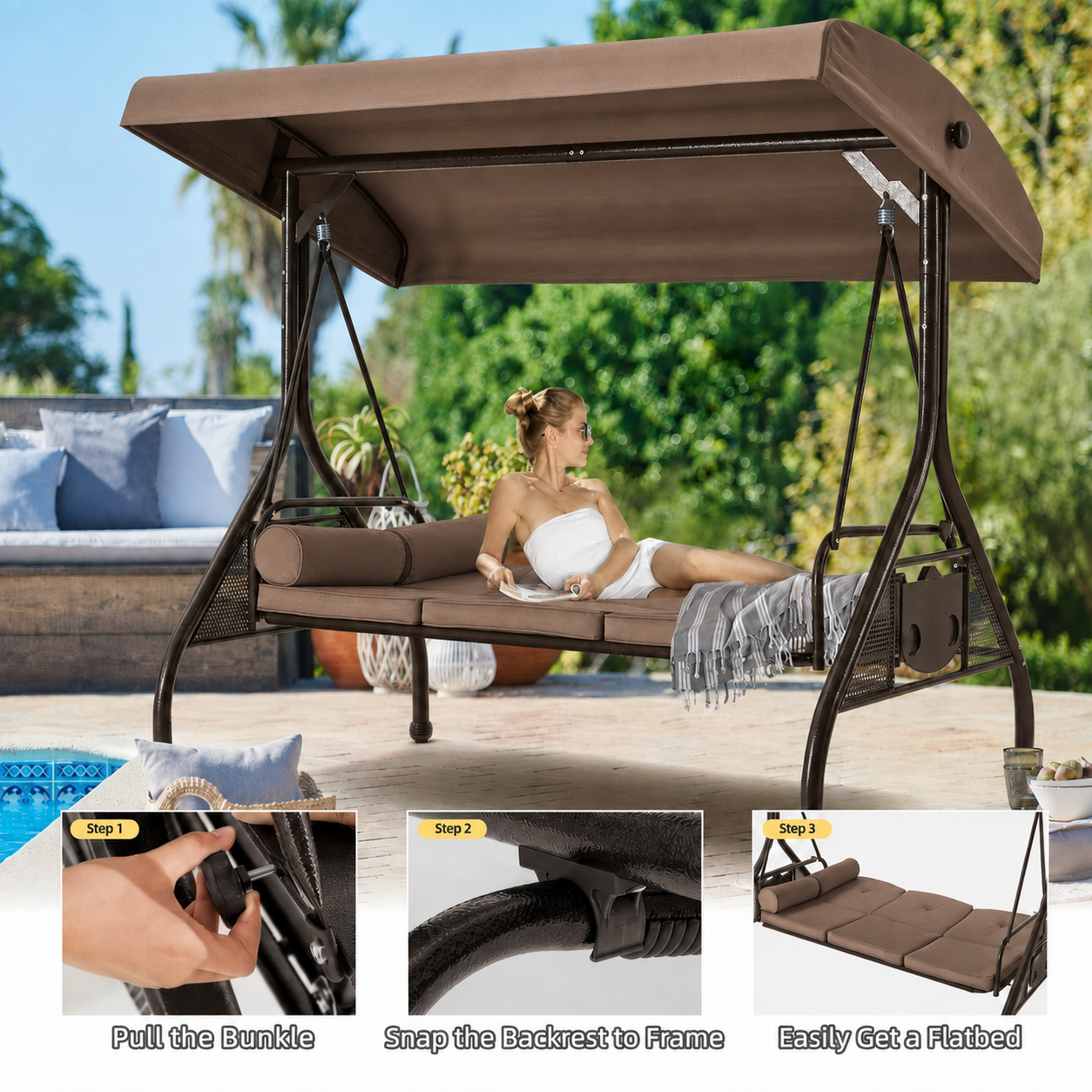 3-Seater Deluxe Outdoor Patio Swing with Adjustable Canopy & Cushioned Seat