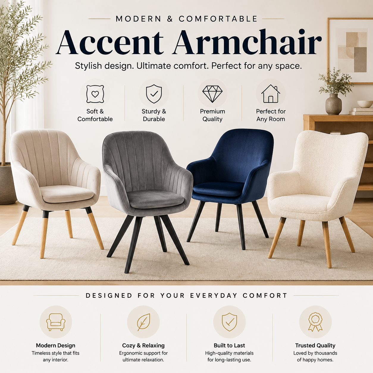 Modern Accent Armchair – Luxury Upholstered Chair for Living Room & Bedroom